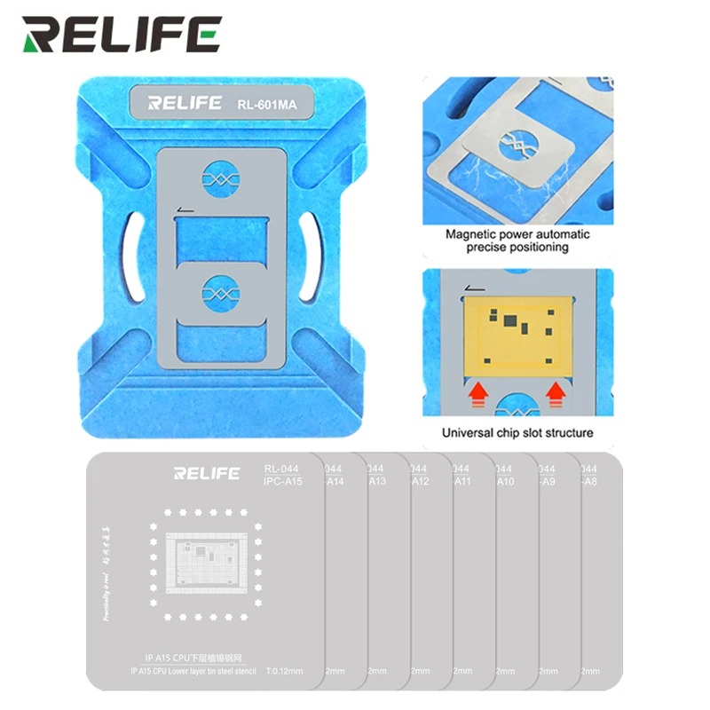 BASE MAGNETICA CON KIT DE STENCIL CPU IPHONE 8 AL 15 PRO MAX RL-601MA