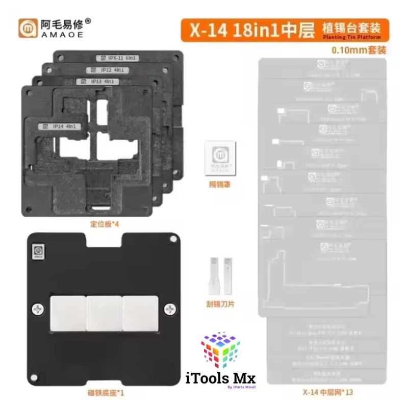 KIT DE 31 STENCIL (X AL 17 PRO MAX) INTERPOSER AMAOE CON BASE MAGNETICA 10mm